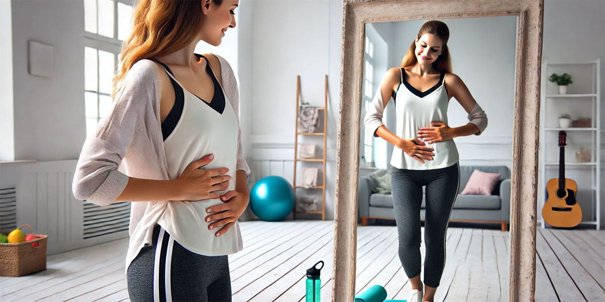 A woman looking at her belly in front of a mirror, pleased with her weight loss, in a clean, bright room with a fitness theme.