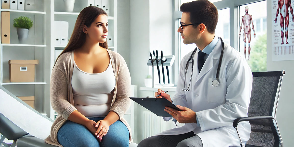 Patient consulting with a doctor about liposuction and insurance coverage in a modern clinic.